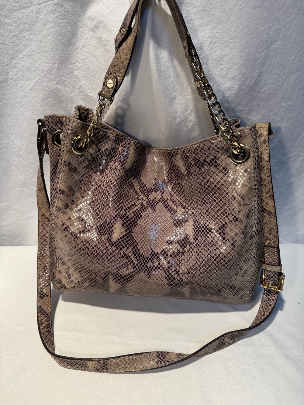 Michael Kors Taupe Snake-Print Shoulder Bag with Gold Chain